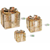 Set 3 decoratiuni Craciun metal auriu cu leduri 25x25x28 cm, 20x20x23 cm, 15x15x17 cm