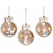 Set 3 ornamente brad Craciun lemn si leduri 12x3x15 cm