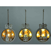 Set 3 ornamente brad Craciun lemn si leduri 12x3x15 cm