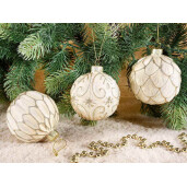 Set 12 globuri brad Craciun sticla alba sclipici auriu 8 cm