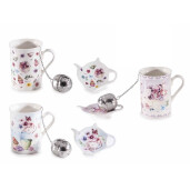 Set 3 cani portelan multicolor, 3 infuzoare otel ceai, 3 farfurioare in cutie cadou Ø 7,5 cm x 10,5 H, 300 ml