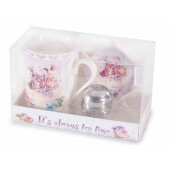 Set 3 cani portelan multicolor, 3 infuzoare otel ceai, 3 farfurioare in cutie cadou Ø 7,5 cm x 10,5 H, 300 ml