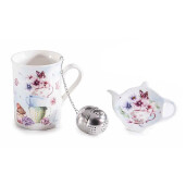 Set 3 cani portelan multicolor, 3 infuzoare otel ceai, 3 farfurioare in cutie cadou Ø 7,5 cm x 10,5 H, 300 ml