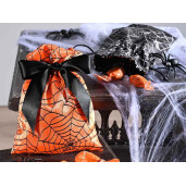 Saculet dulciuri Halloween textil alb negru cm13x18H