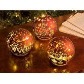 Set 3 sfere decorative Craciun sticla rosie aurie cu led Ø 10 cm x 9 H