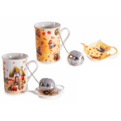 Set 2 cani portelan, 2 infuzoare ceai, 2 farfurioare in cutii cadou Autumn Ø 7,5 cm x 10,5 H, 300 ml