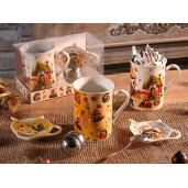 Set cana portelan multicolor, infuzor ceai, farfurioara in cutie cadou Autumn Ø 7,5 cm x 10,5 H, 300 ml