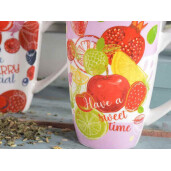 Cana ceai cu infuzor, portelan multicolor in cutie cadou, Fructe Ø 8,5 cm x 13,5 H, 450 ml