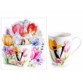 Cana portelan multicolor in cutie cadou litera V Ø 8 cm x 10,5 H, 300 ml