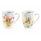 Set 2 cani portelan multicolor in cutii cadou metal Flowers Ø 8 cm x 10,5 H, 300 ml