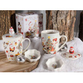 Set 4 cani, 4 infuzoare ceai, 4 farfurioare Craciun portelan multicolor Ø 8,5 cm x 10,5 H, 350 ml