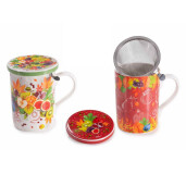 Set 2 cani portelan multicolor cu capace, 2 infuzoare ceai in cutii cadou Fruits Ø 8 x 10,5 H, 350 ml