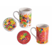 Set 2 cani portelan multicolor cu capace, 2 infuzoare ceai in cutii cadou Fruits Ø 8 x 10,5 H, 350 ml