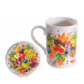 Set 2 cani portelan multicolor cu capace, 2 infuzoare ceai in cutii cadou Fruits Ø 8 x 10,5 H, 350 ml
