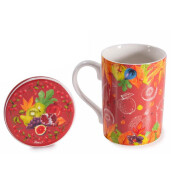 Set 2 cani portelan multicolor cu capace, 2 infuzoare ceai in cutii cadou Fruits Ø 8 x 10,5 H, 350 ml