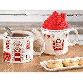 Set 2 ceainice 2 cani ceramica alba rosie 18x10x23.5 cm, 450 ml