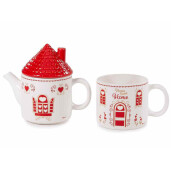 Set 2 ceainice 2 cani ceramica alba rosie 18x10x23.5 cm, 450 ml