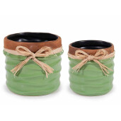 Set 2 vaze flori ceramica verde maro Ø 15 cm x 13 H, Ø 11,5 x 11,5 H
