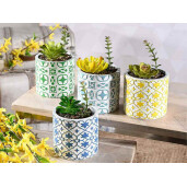 Planta suculenta artificiala in ghiveci ceramica albastra alba Ø 11 cm x 19 H