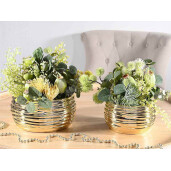 Set 2 ghivece flori ceramica aurie Ø 21 cm x 10,5 H, Ø 16 x 9 H 