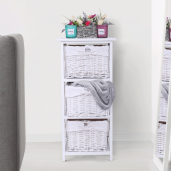 Comoda lemn cu 3 cosuri rachita si textil alb Rafaello 36x37x76 cm