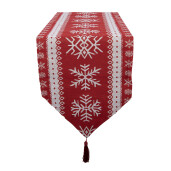 Traversa masa Craciun Fulgi de Nea poliester alb rosu 33x180 cm
