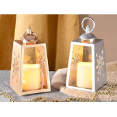 Set 2 felinare Craciun plastic alb auriu cu led 10x10x22.5 cm