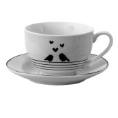 Set ceasca cu farfurioara portelan alb negru Pasari 12x9x7 cm, 14x2 cm, 220 ml