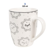 Set 4 cani portelan alb negru Catelusi 12x8x10 cm, 325 ml