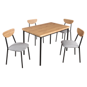 Set masa, 4 scaune mdf stejar metal negru textil gri Madio 110x70x75,5 cm, 40x48,5x78 cm