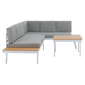 Set mobilier gradina otel alb stejar gri Pelor 258/182x75x65/79 cm, 70x70x45 cm