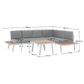 Set mobilier gradina otel alb stejar gri Pelor 258/182x75x65/79 cm, 70x70x45 cm