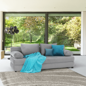 Canapea extensibila cu tapiterie textil gri si perne turcoaz Cliv 206x90x85 cm