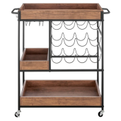 Carucior servire, suport sticla vin metal negru mdf stejar Portis 83x43x90 cm