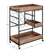 Carucior servire, suport sticla vin metal negru mdf stejar Portis 83x43x90 cm