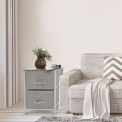 Noptiera, cu 2 sertare, din textil gri alb gri, Rosita, 45x30x51 cm