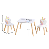 Set masuta, 2 scaune camera copii mdf lemn multicolor Unicorn 50x50x42,5 cm, 24x28x49,5 cm