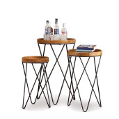 Set 3 masute rotunde lemn maro fier negru  33,5 x 60, 42 x 70, 49 x 80 cm