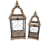 Set 2 felinare lemn maro fier negru 20,5 x 20,5 x 52 cm,  27,5 x 27,5 x 66 cm