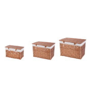 Set 3 cosuri depozitare lemn salcie maro textil alb 43 x 23 x 26, 50 x 30 x 33,  57 x 37 x 40 cm