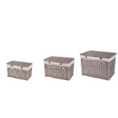 Set 3 cosuri depozitare lemn salcie gri textil alb 43 x 23 x 26, 50 x 30 x 33,  57 x 37 x 40 cm