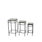Set 3 suporturi ghivece flori fier, ceramica multicolora 20 x 20 x 48 cm, 25 x 25 x 57 cm, 30 x 30 x 66 cm